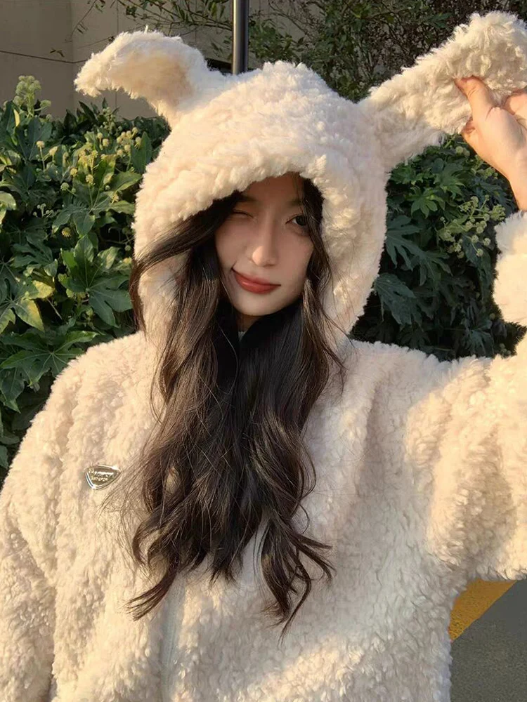 Casual Cute Rabbit Ear Hooded Sweatshirt Loose Plush Jacket Women's Winter Coat Thicken Soft Hoodies Outerwear Female Clothing