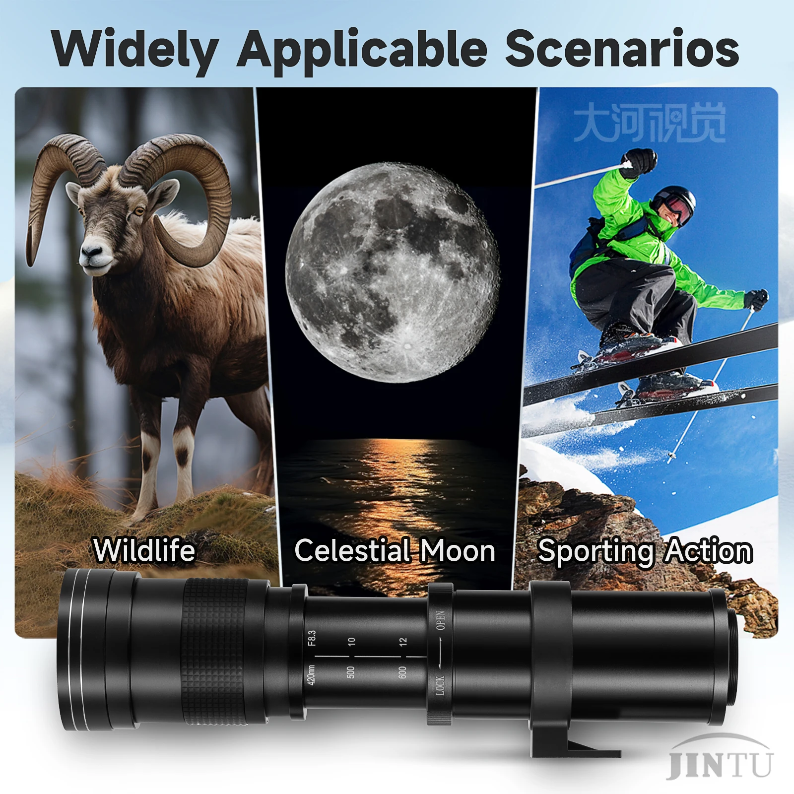 JINTU 420-1600 مللي متر f/8.3 عدسة تليفوتوغرافي يدوية فائقة لسوني A58 NEX-3NL A7 A7R A6000 A6500 HX300 RX100II HX50 كاميرا بدون مرآة