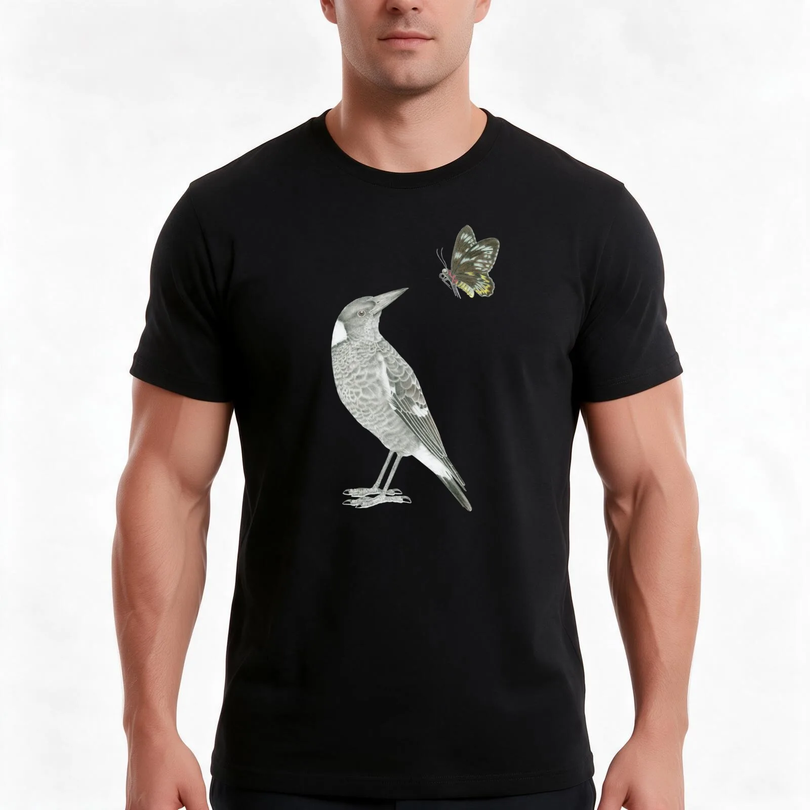 Magpie and birdwing butterfly T-Shirt, Summer Casual Cotton Tee, Oversized Streetwear Tops, Vintage Graphic Print, 100% Cotton