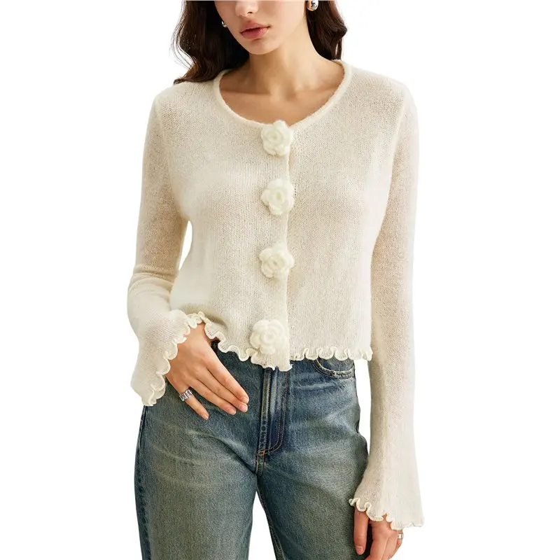 

CYL-Women's Fall Crewneck Cropped Sweater Trendy Long Sleeve Camellia Decoration Knit Pullover Jumper Tops
