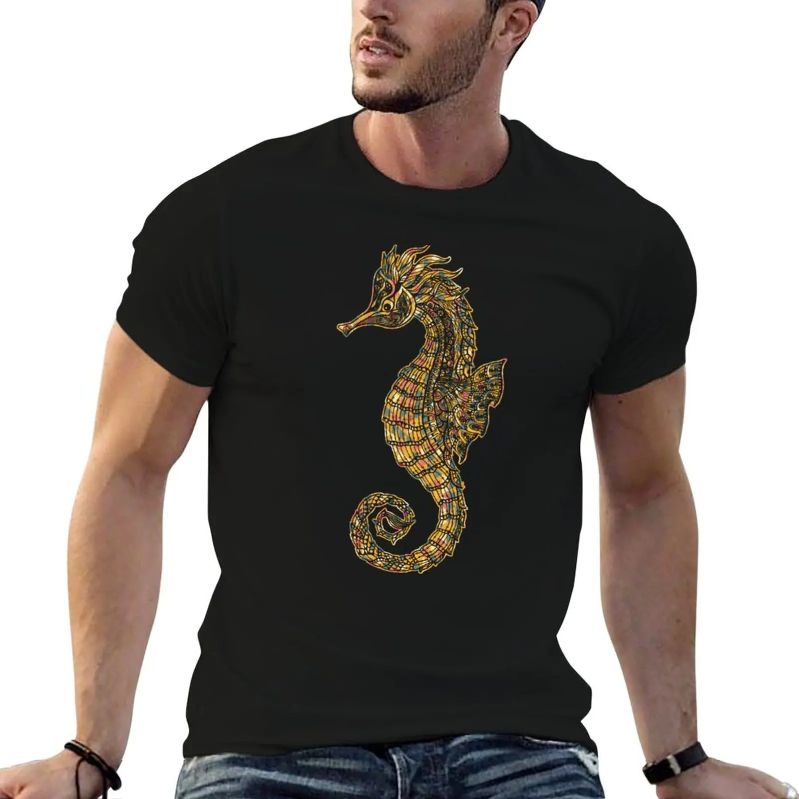 Seahorse - Seahorse Geometric T-Shirt Holiday Casual Short Sleeve Top
