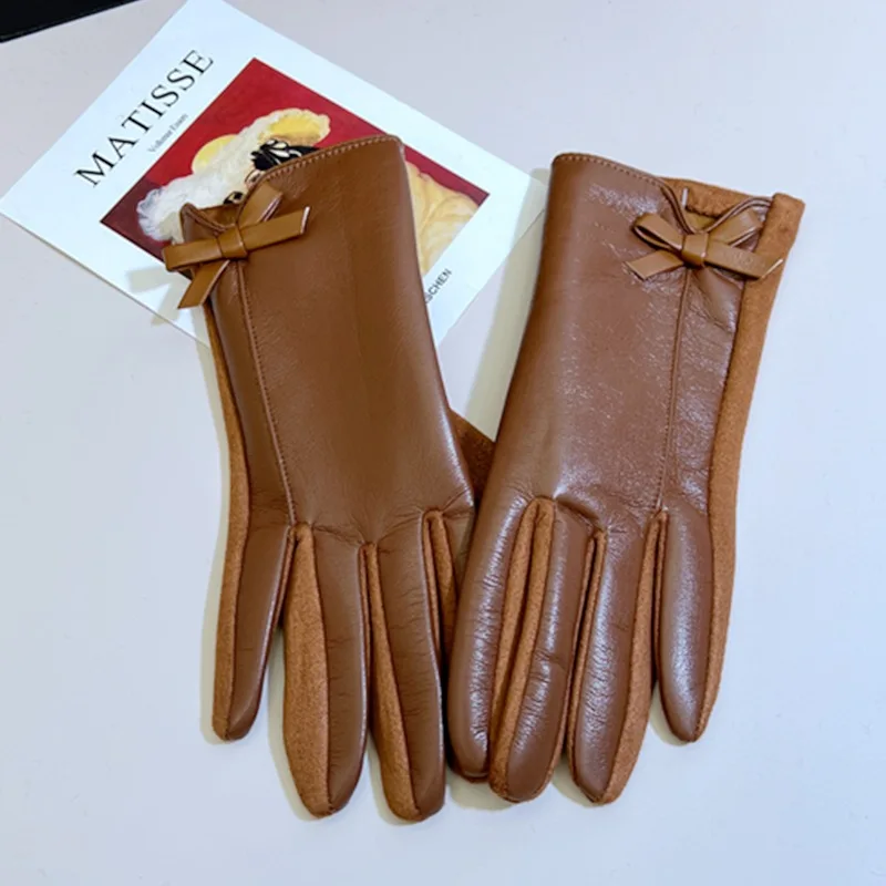 Womens Winter PU Leather Gloves Touchscreen Texting Warm Driving Leather Gloves with Bow for Outdoor