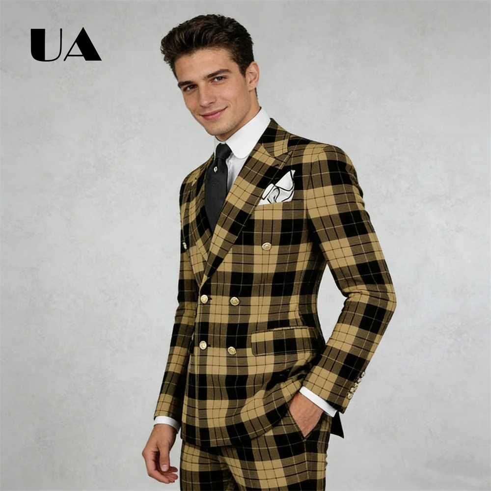 Raster Dubbele Rij Banketpak Heren Moderne Pasvorm Formele Slijtage Tweedelig Pak Set Jas Broek Diner Avondpak kledij