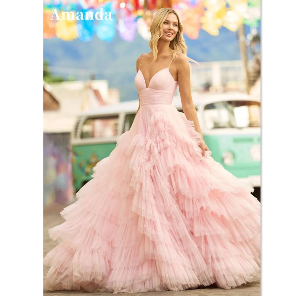 Amanda Baby Rosa Multilayer Prom Kleid 2023 Prinzessin Abendkleider Tüll Sweep Zug Party Kleider Ärmellose Robe De Soirée