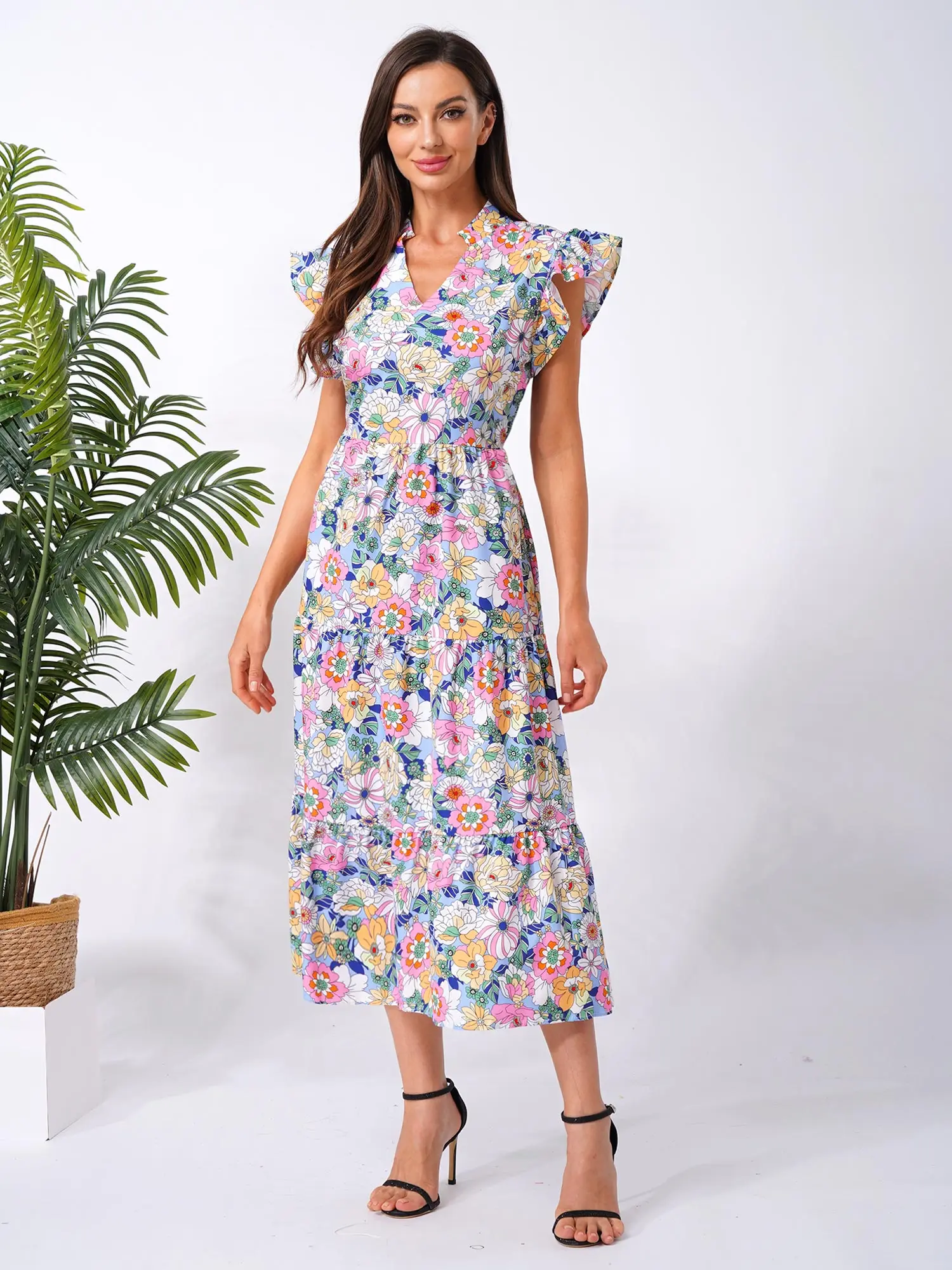 Abiti lunghi da spiaggia da donna da donna Abito floreale stile Boho con scollo a V increspato Abiti casual fluidi Abito da sole per le vacanze di nozze