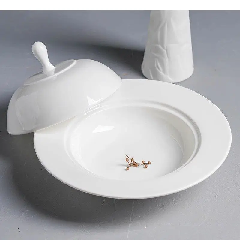 Ceramic Dinner Plate with Lid Thick Soup Dessert Pasta Plates Salad Restaurant Specialty Tableware