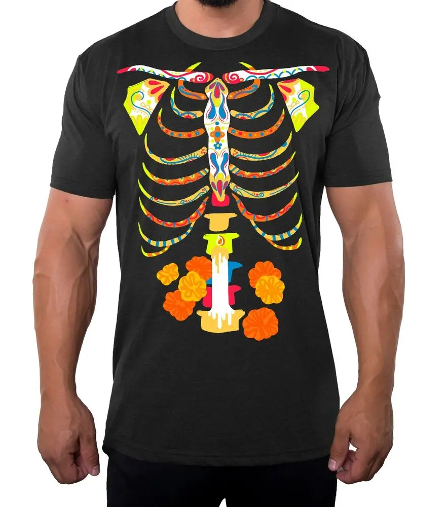 

Wellcoda Mexican Dia De Los Muertos Мужская футболка Хэллоуин Рубашка для мужчин Футболки с рисунком черепа Мягкая вентилируемая рубашка из чистого хлопка