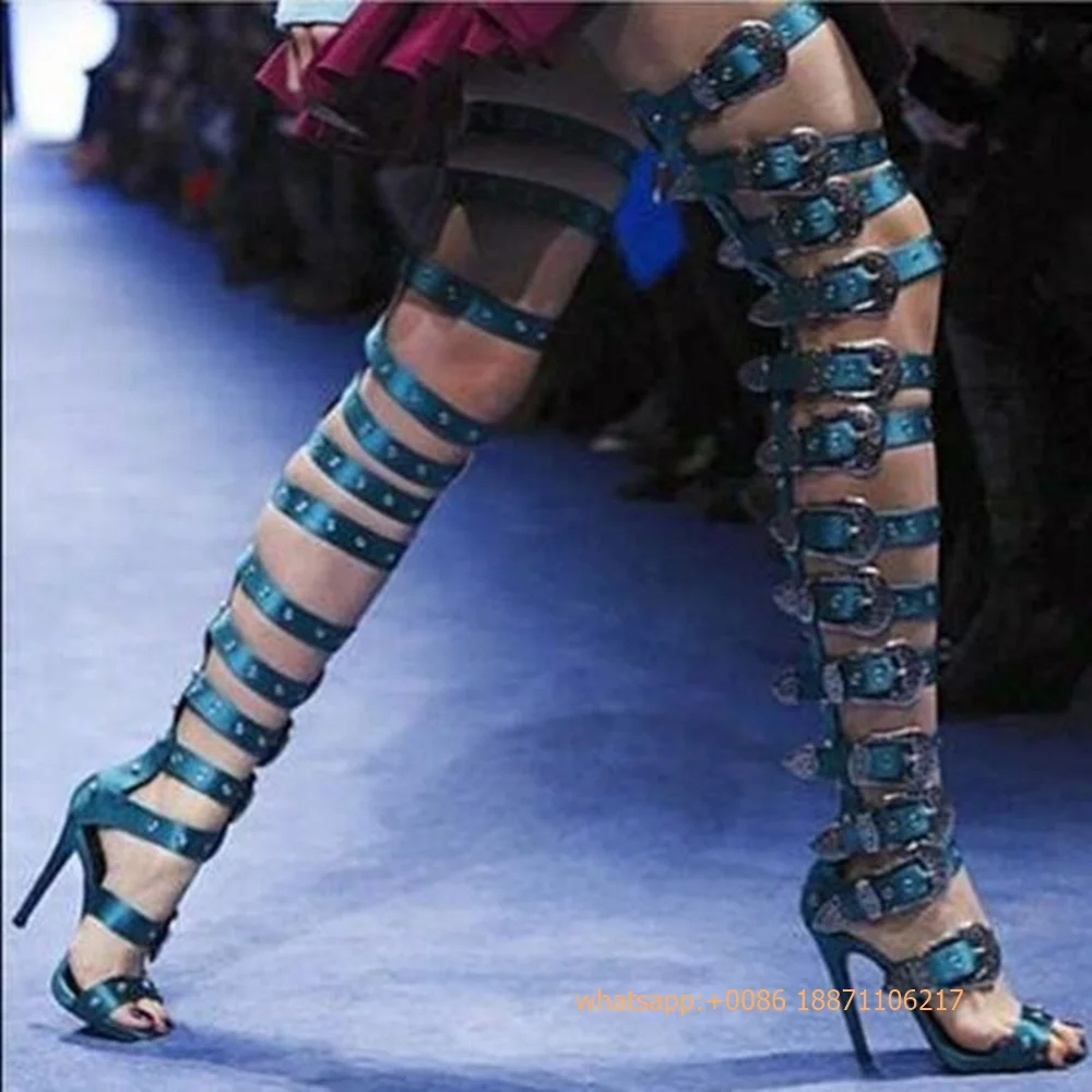 

Rivet Belt Buckle Hollow Boots 2024 New Open Toe Stiletto Catwalk Over Knee Boots Solid Color Street Stage Fashion Women Sandals