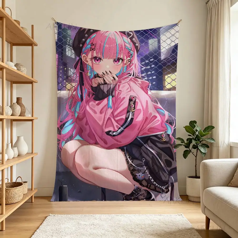 Anime Girl Tapestry Pink Blue Hair Kawaii Cartoon Wall Hanging, Urban Night City Background Harajuku Style Wall Decor