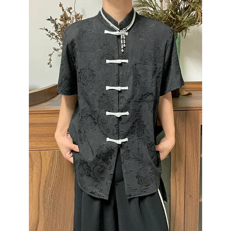 Niche Retro Embossed Jacquard New Chinese Style Disc Button Stand Collar Shoulder Pad Short-sleeved Summer Casual Shirt