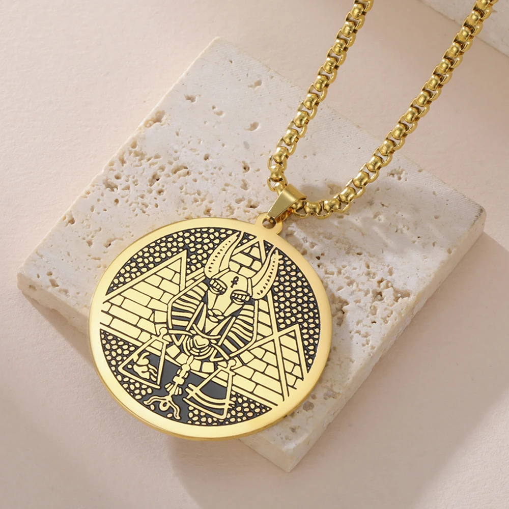 Egyptian God Anubis Double Sides Necklace Pharaoh Pyramid Eye of Horus Protection Amulet Stainless Steel Ancient Egypt Jewelry