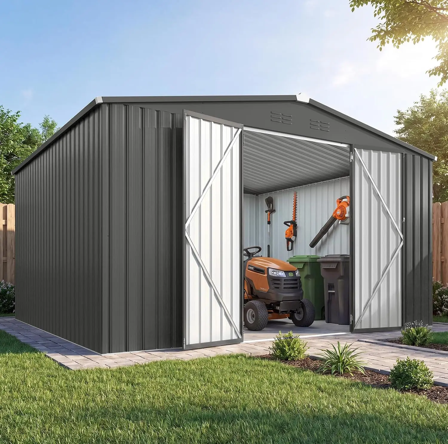 10' x 12' Large Metal Outdoor Storage Shed, Heavy Duty Outside Storage Shed with Lockable Double Hinged Doors, Lawn, Customized