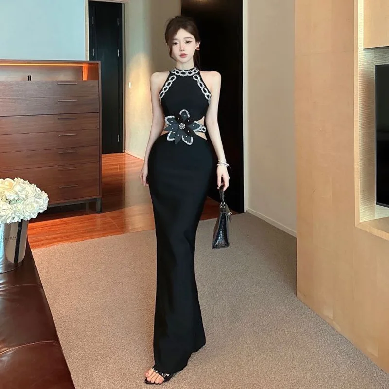 مثير الأسود ثوب مسائي ثلاثية الأبعاد تصميم الأزهار قطع تقسم Bodycon حورية البحر تنورة خارج الكتف تمتد حفلة اجتماعية الجمالية