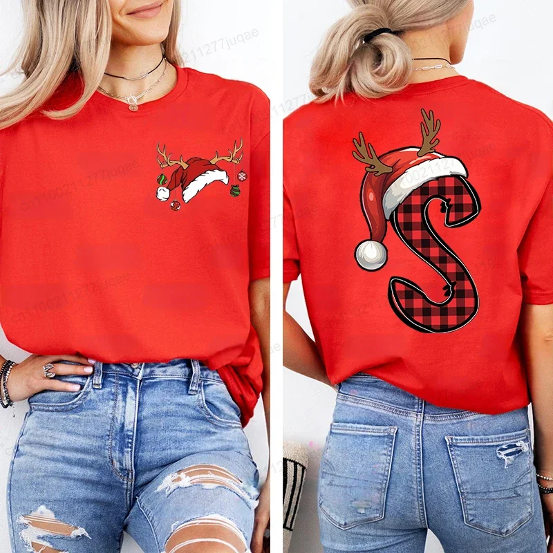 Christmas Tshirt for Women Funny Santa Alphabet Print Casual Street Wear Tee Gift Idea for Xmas Holiday Party Women's Clothing