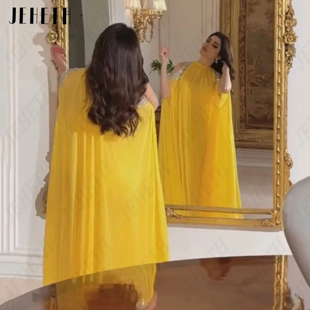 JEHETH Chiffon Saudi Arabia Women Evening Gown With Jacket Crystal Mermaid Prom Dresses O-Neck Sweep Train Formal Occasion Dress