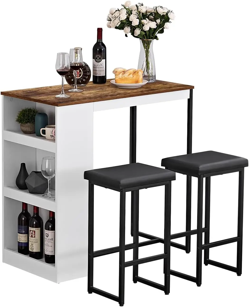 3 Piece Dining Table Set Kitchen Bar Table With Two Stool Storage Shelves Wood Counter Height Table Top With Sew Kerf Finish Dining Room Home Wood Color