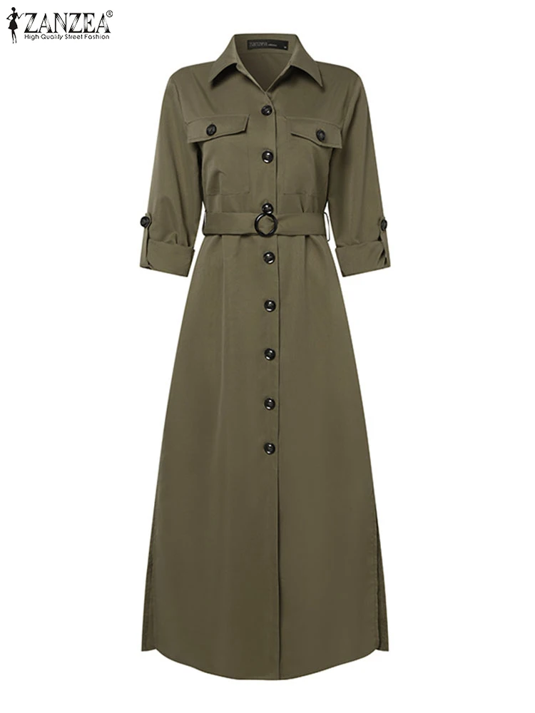 ZANZEA Turn-down Collar Fashion 2024 Shirtdress Commute Long Sleeve Streetwear Side Slit Maxi Dress Autumn Belted Cargo Vestidos