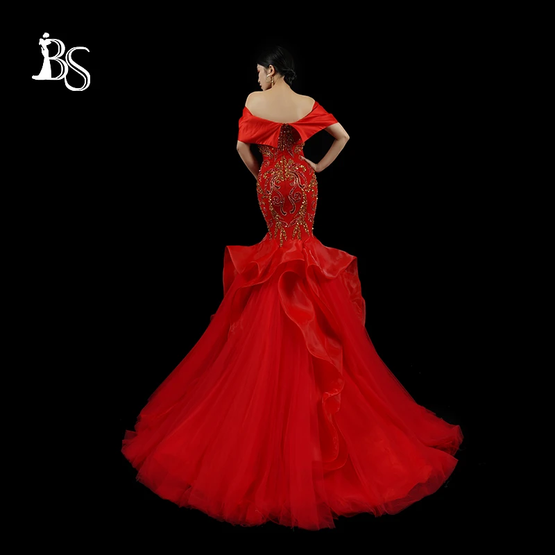 Baisha Luxury Red Evening Dress One Shoulder Golden Beaded Wedding Bride Dresses For Women Prom Formal Occasions H1610