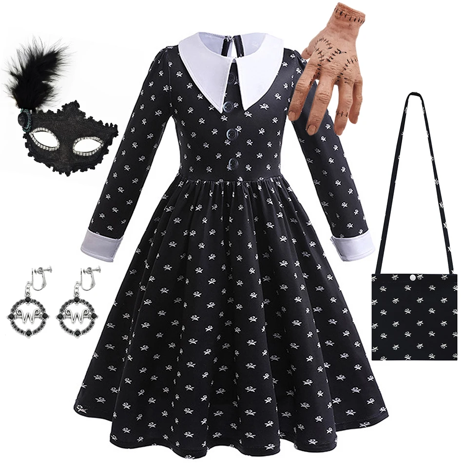 

Children Long Sleeve Floral 3D Print Frocks Kids Witch Halloween Dress Girls School Uniform Black Gothic Masquerade Party Outfit