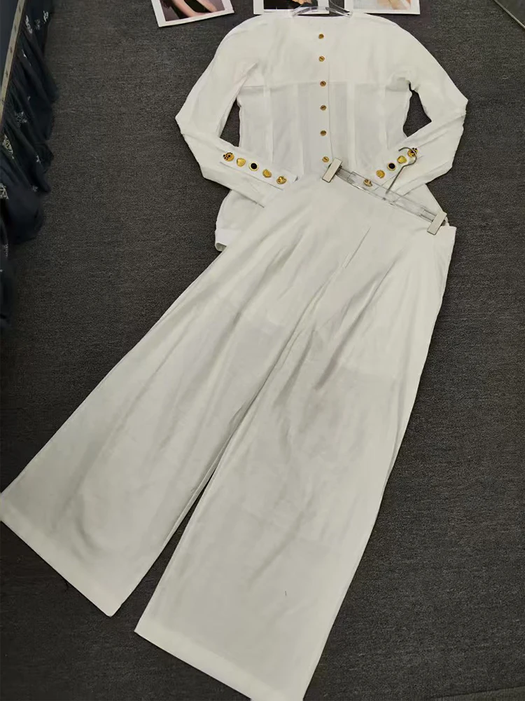 

Retro temperament single-breasted long-sleeved shirt autumn new two-piece suit high waist wide-leg pants fashion women's pants