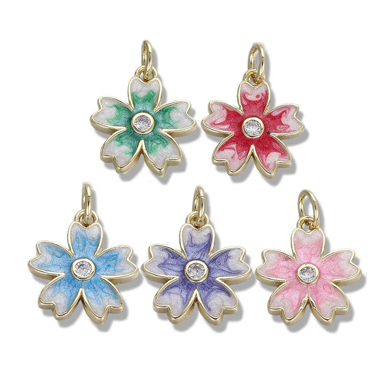 

4 Pcs Copper Plated Enamel Jewelry Flower Pendant for DIY Earring Necklace Making Round Oval Cherry Blossom Charm Accessories