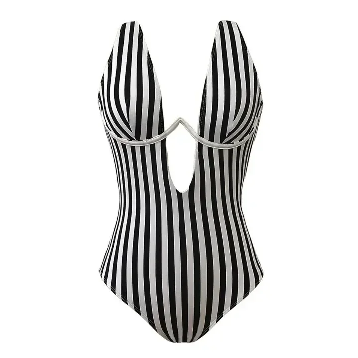 Women Swimwear Female V-bar Underwired Bather Bathing Suit Swim Areathable S - XL New Striped V Shape One Piece Swimsuit view 6