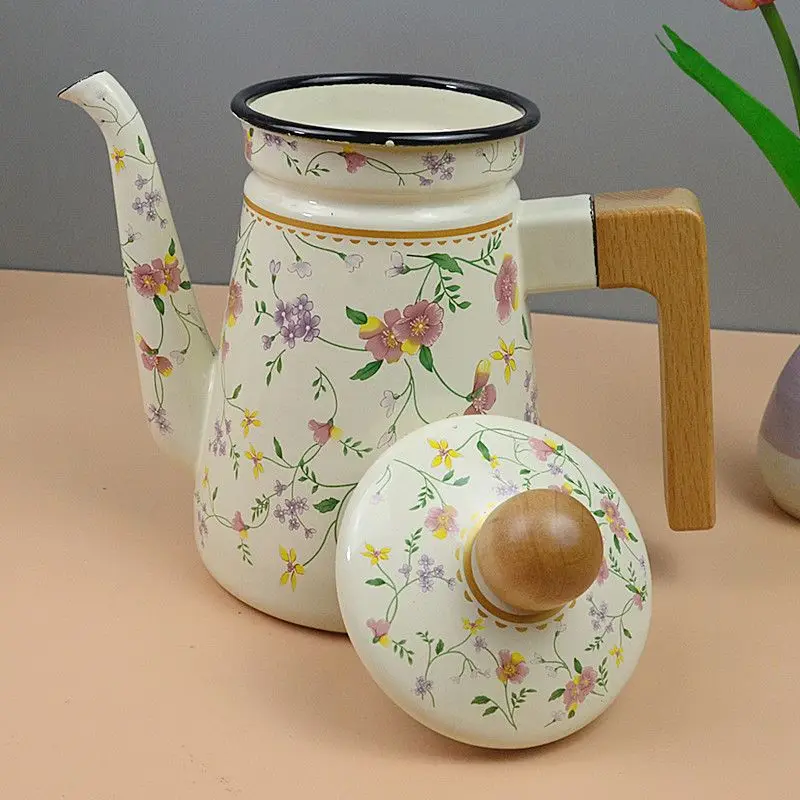 Ethnic Style Enamel Milk Tea Kettle Boiling Water Oil and Vinegar Kettle Coffee Kettle Making Tea Enamel Flower Tea Kettle