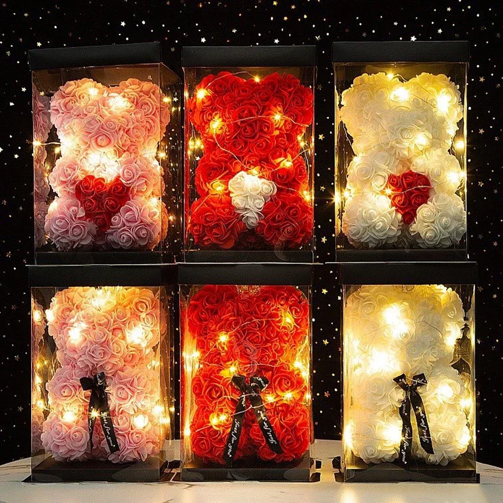 Valentijnsdag Kunstmatige Teddy Rose Bloem Beer met Doos Romantisch Cadeau Vriendin Vrouwen Moeder Verjaardag Bruiloft Deco 25cm
