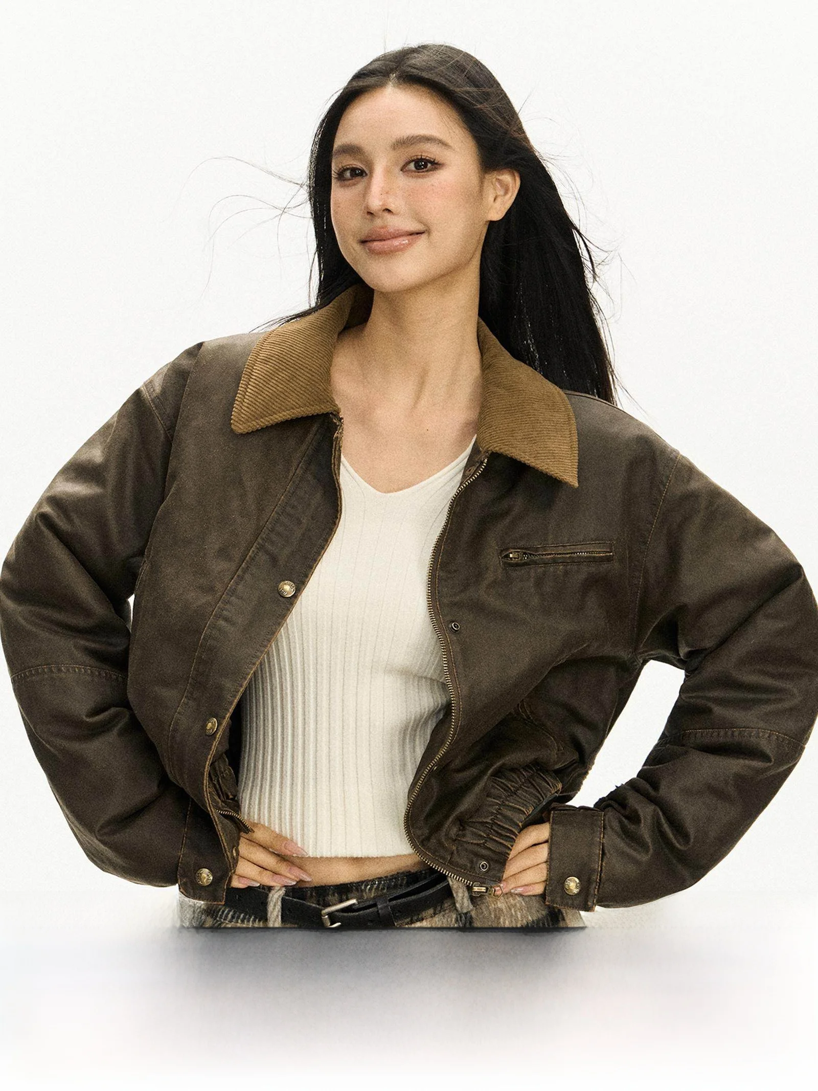 Ariseism American Design Retro-Kragen Arbeitskleidung Leder Jaet Damen Neu Herbst 2025, Street Sle Straight Cut Polyester Cot...