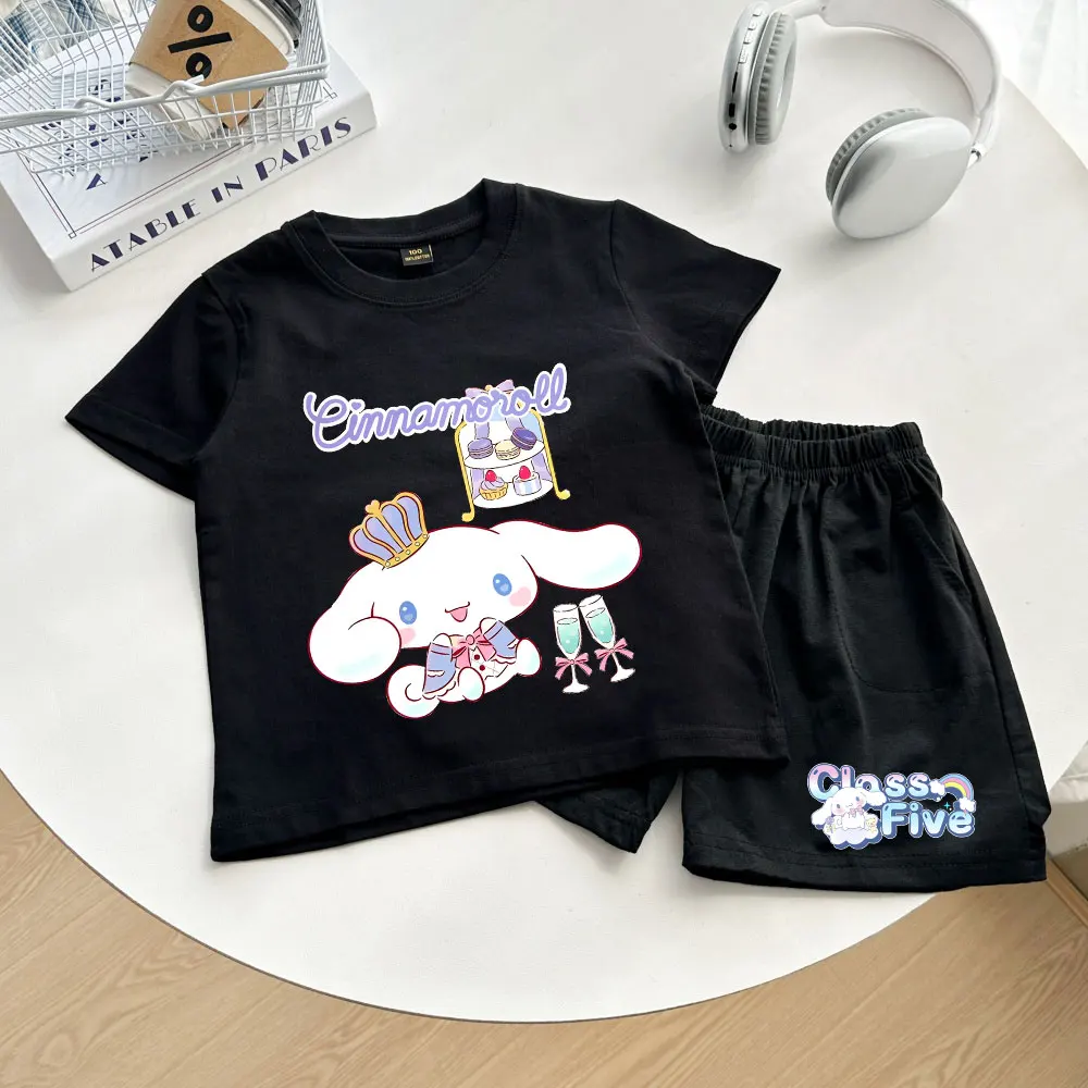 

Sanrio Kids Cinnamoroll cotton Tshirt +pants 2pcs sets Summer Hello Kitty Kids Cartoon T-shirt Set Boy Clothing Girls Clothing