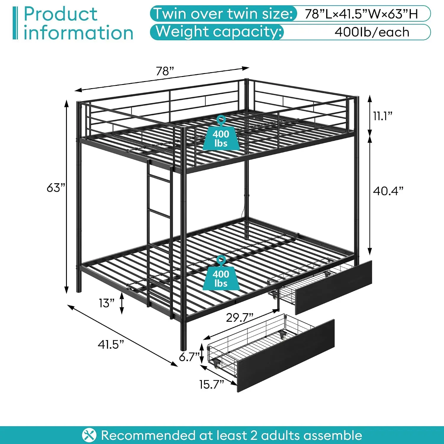 Twin Metal Bunk Bed With LED Lights USB Charging 2 Drawers Guard Rails Ladder No Box Spring Easy Assembly Black, Customized