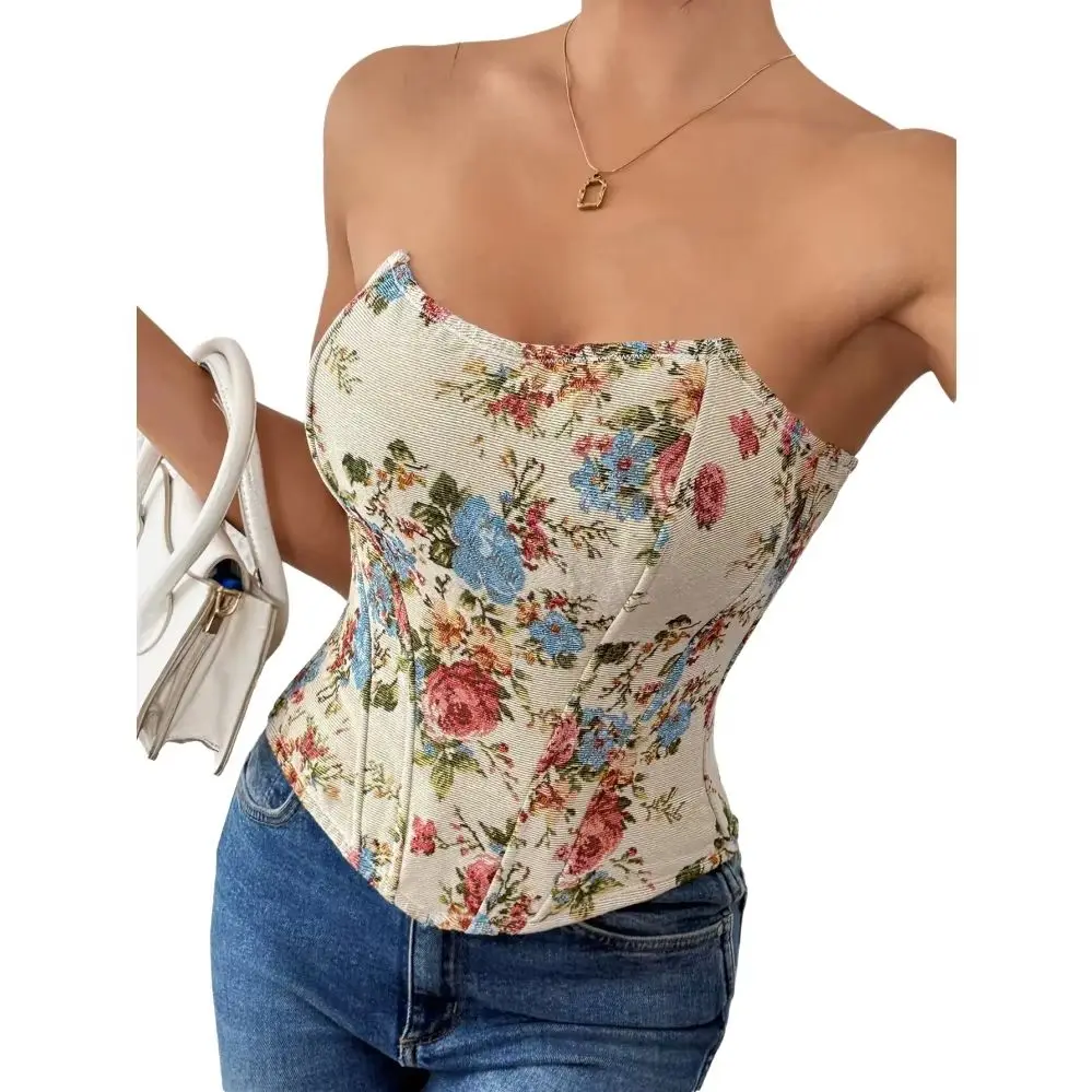 

Summer French Vintage Floral Print Strapless Top Unique Fishbone New Style Spicy Girl Outerwear Bralette Trendy Female