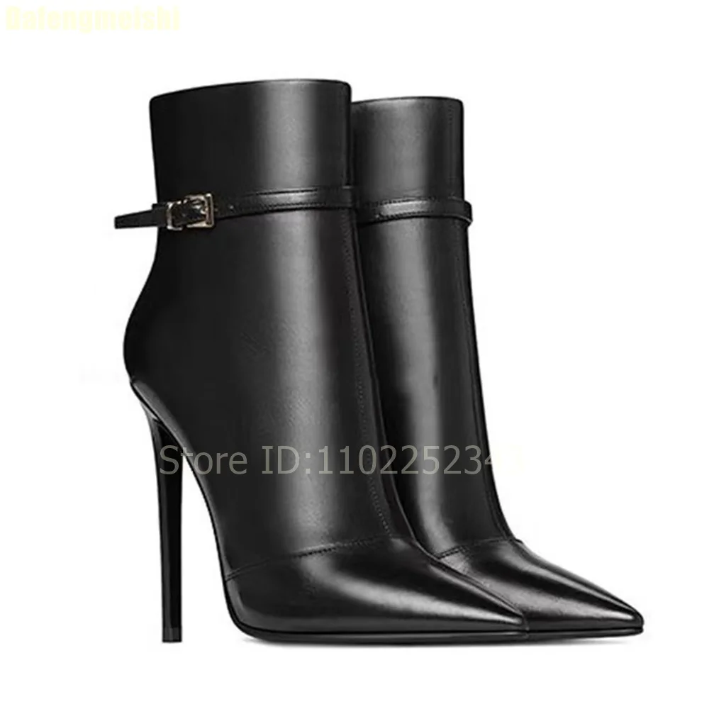 

2025 New Autumn Black Leather Ankle Boots Women Side Zipper Pointed Toe Sexy Stiletto Heels Simple Ankle Strap Office Boots