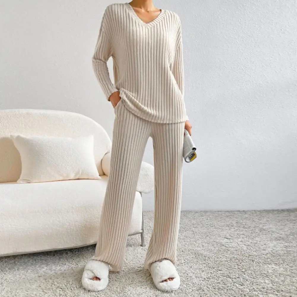 2023 Autumn Winter V-neck Long Sleeve Side Slit Pullover Sweater+high Waist Wide Leg Pants Two Piece Set Women Casual Tracksuit