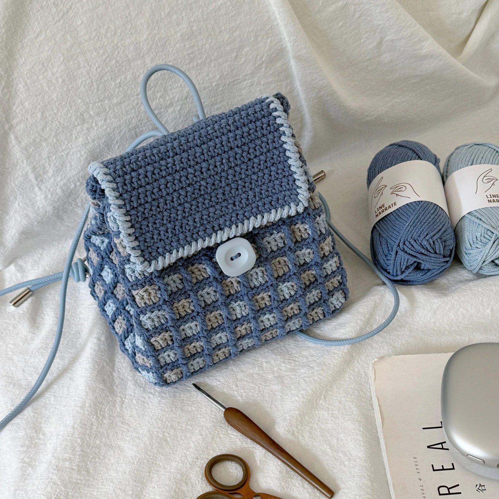 Women's Plaid Knitted Material Bag Non-Finished Double Shoulder Bag Hooked Yarn Fish Lady Line Narrate Color Block Bag