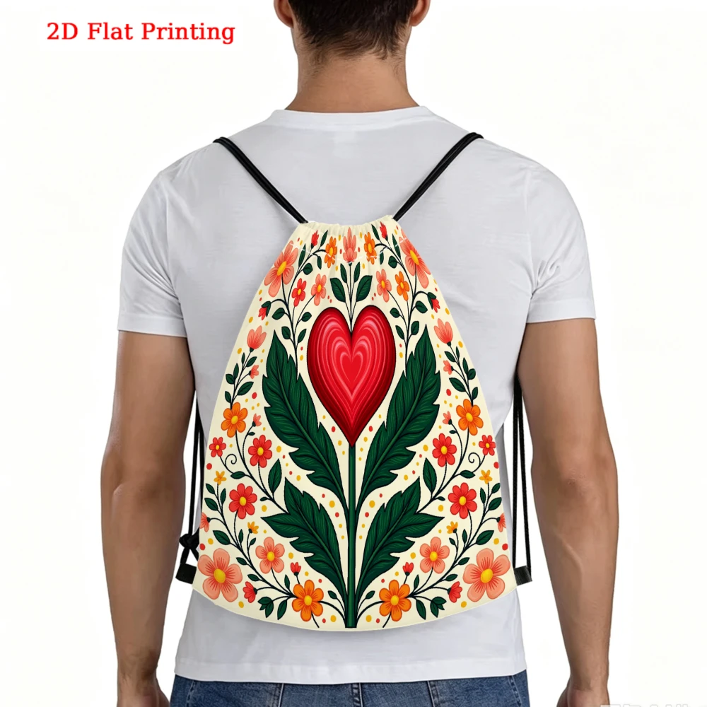 Bohemian Red Heart Floral 2D Flat Print Drawstring Backpack Fitness Sports Outdoor Travel