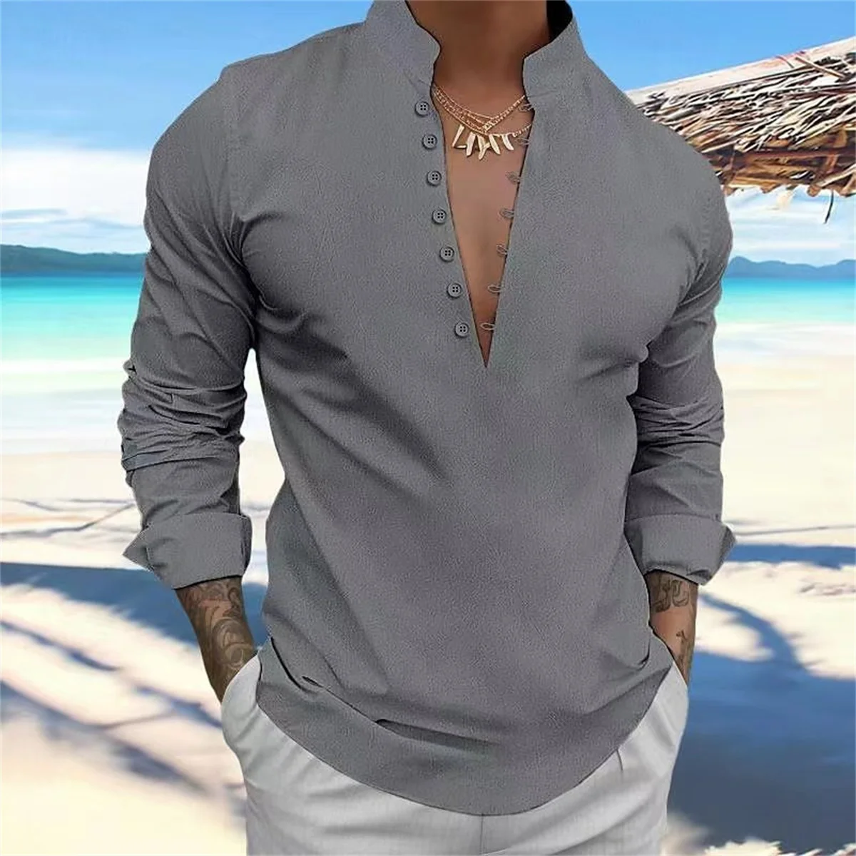 

Cotton Linen Men's Long-Sleeved Shirt Solid Color British Style Retro Stand Collar Pullover POLO Shirt Casual Fashion Simple