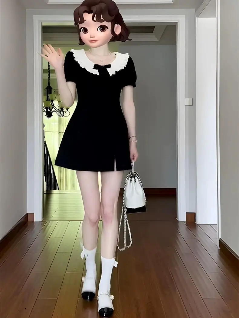 Summer Tea Break Ele Square Collar  Knot Dr Women's A-Line ort Skirt Bla Dr Slimming Effect