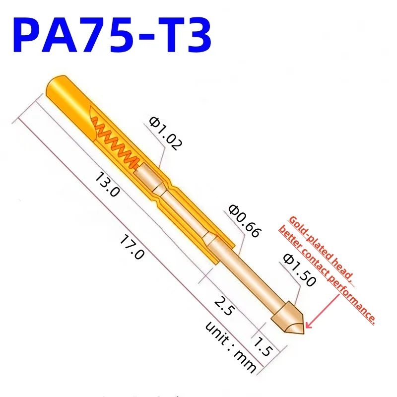 100PCS Spring Test Probe PA75-T3 Test Pin PA75-T Pogo Pin P75-T3 PCB Probe P75-T Diameter 1.02mm Head Dia 1.5mm Test Tool 17.0mm