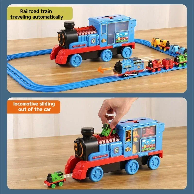 Traje de tren de riel eléctrico, juego Orbital de pista de carreras, caja de almacenamiento de tren de gran tamaño, juguete de fundición de aleación, modelo de juguete para niños, regalo