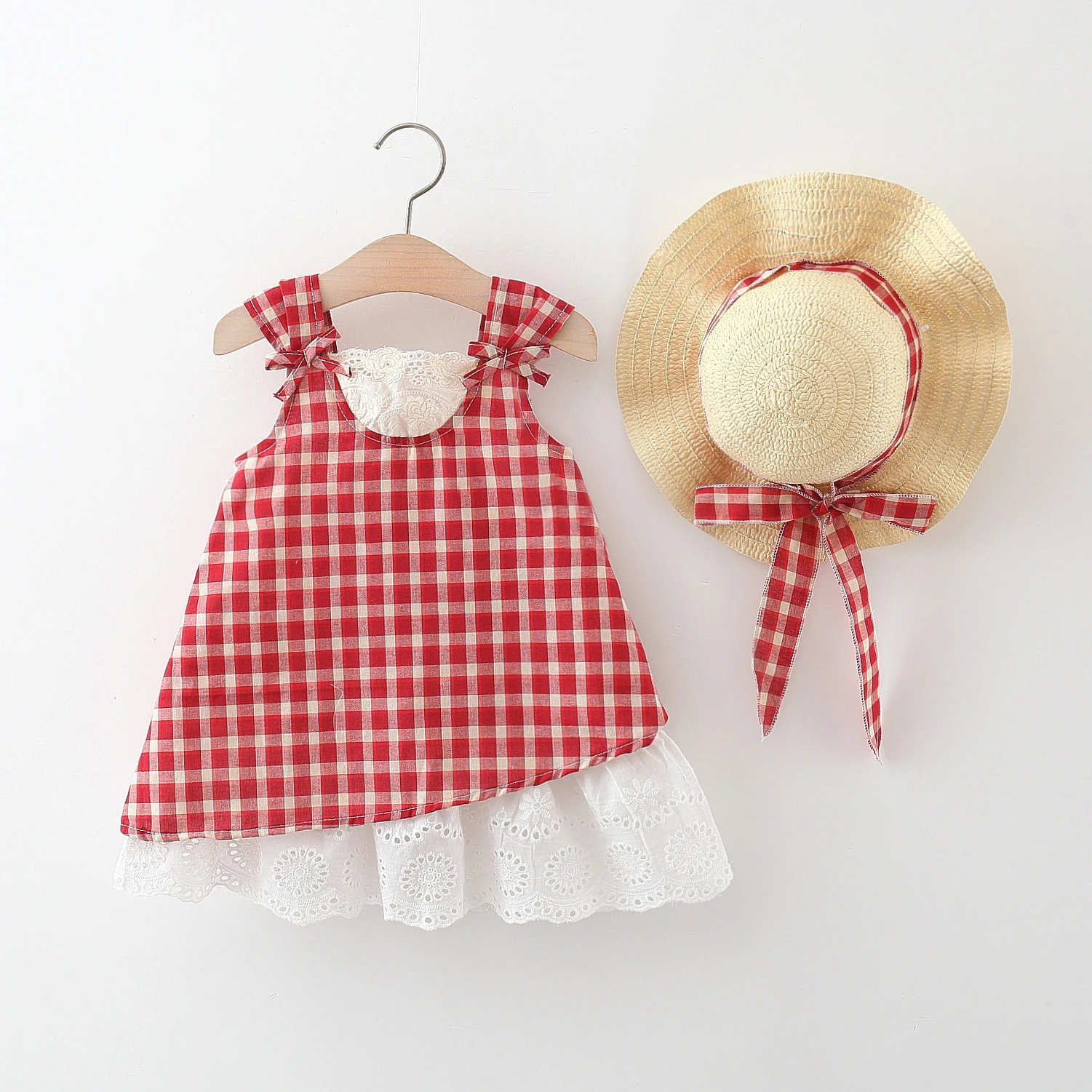 Baby Girl Dress Summer Red Checkered Girl Vacation Dress Cute Beach Princess Dress With Hat