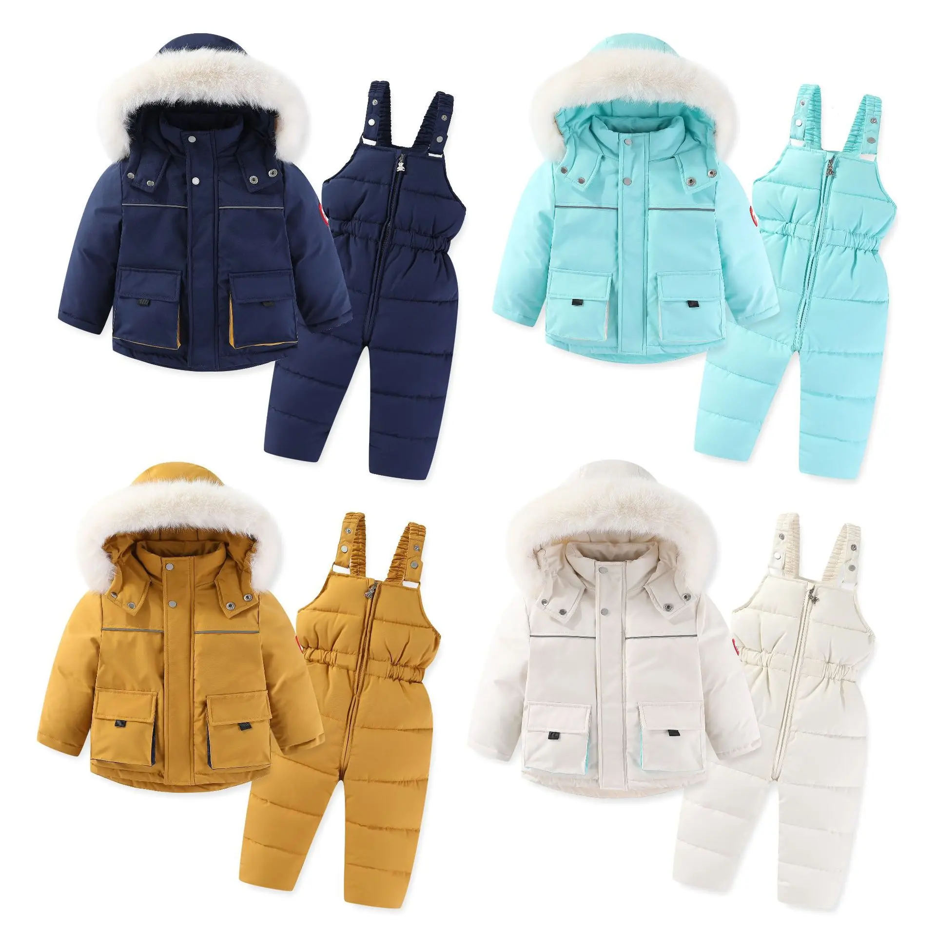 

Winter Kids Girls Down Jackets Outfits Solid Fuax Fur Hooded Little Babys Girls Parkas Warm Fleece Infant Babys Girls Suspenders
