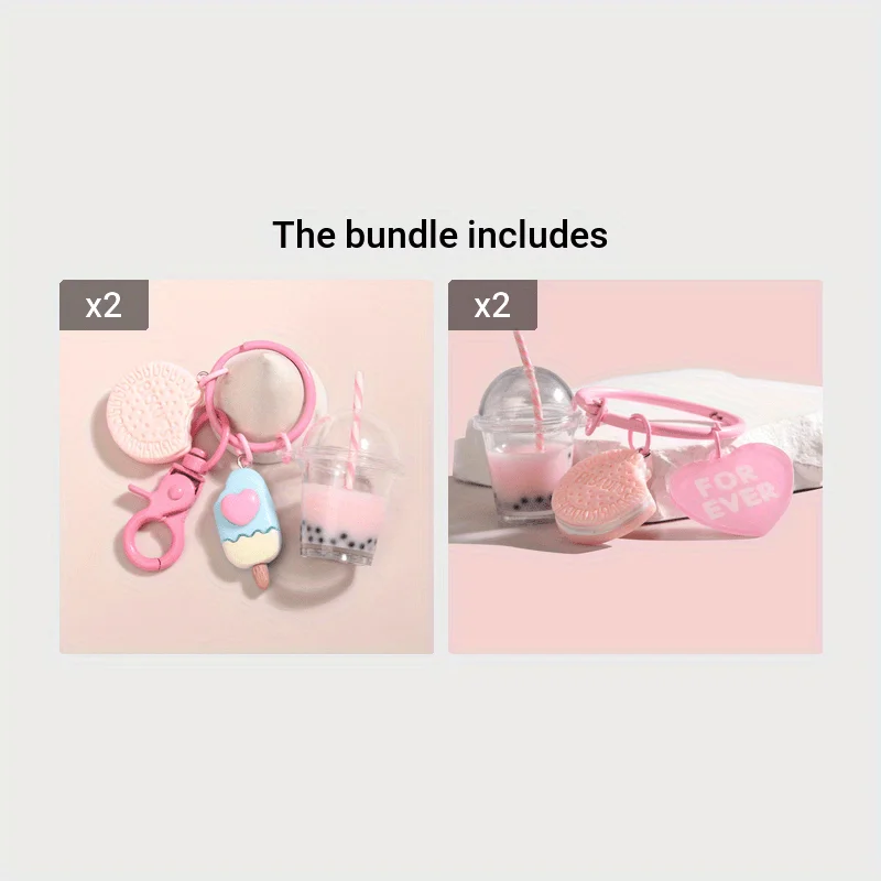 Cute Ice Cream Bubble Tea Cookie Pink Keychain Bag Charm Gift for Friends Lovers Family