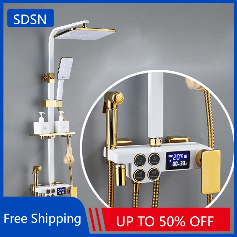 

Thermostatic Bathroom Shower System Set Solid Brass Bathroom Faucets Accessories Rain Shower Head Hot Cold Bathroom Shower Set
