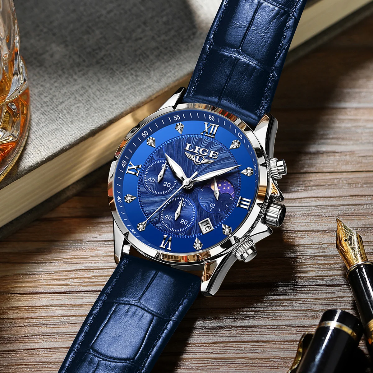 LIGE New Leather Strap Men's Watch Fashion Moon Phase Luminous Business Quartz Watches Waterproof Date Chronograph Man Watch