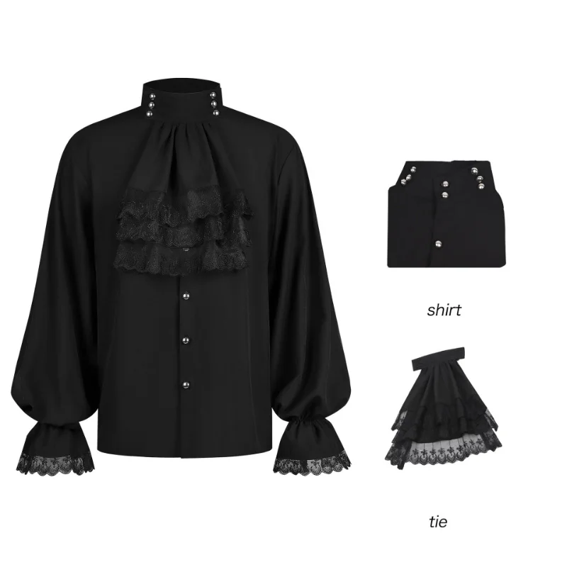 Gothic Victorian Loose Fit Shirts for Men and Women,Ruffled Lace Jabot Stand Collar Balloon Shirt,Halloween Cosplay Vintage Top