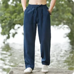 New 2025 Men's Cotton Linen Pants Loose Autum Casual Pants Male Breathable Solid Color Drawstring Jogger Yoga Long Trousers 4XL