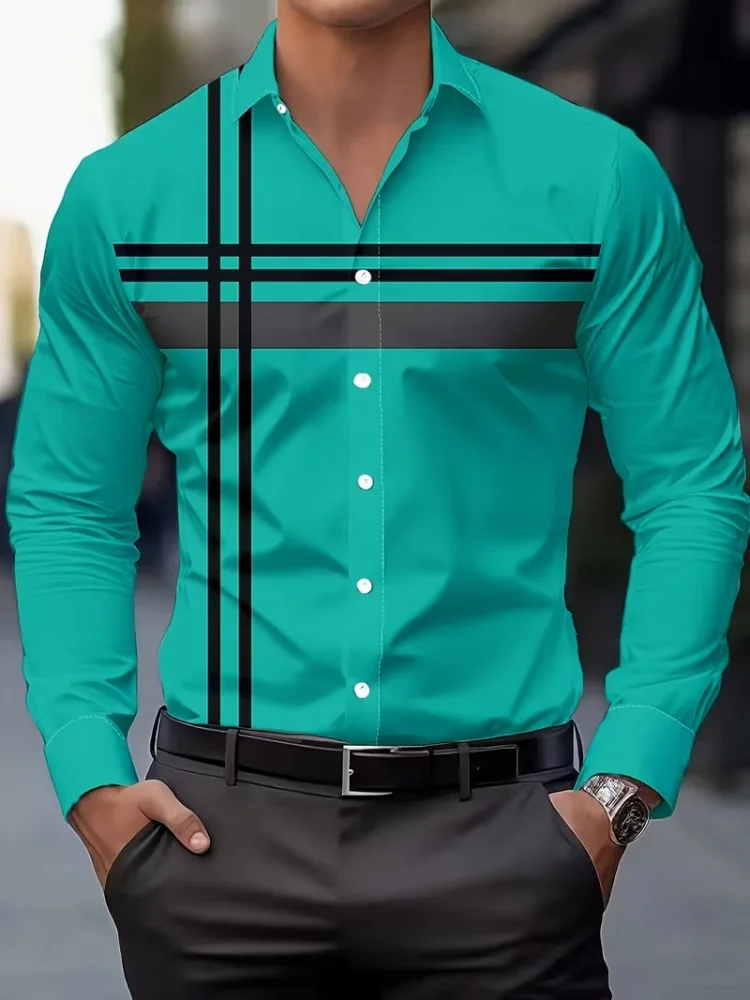 Men's long-sleeved shirt with horizontal and vertical striped print, loose fit, trendy, versatile, casual and comfortable top.
