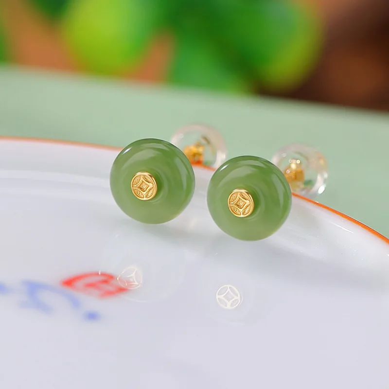 

S925 Sterling Silver Gold-Plated Hetian Jade Coin Peace Earrings Studs