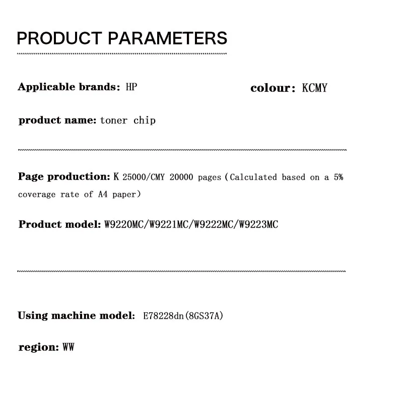 W9220MC/W9221MC/W9222MC/W9223MC إصدار WW BKCMY صفحات ملونة رقاقة خرطوشة الحبر لـ HP MFP E78228dn(8GS37A)